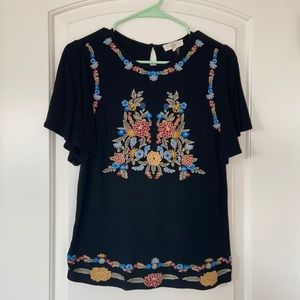 Embroidered Floral Black Short Sleeve Blouse